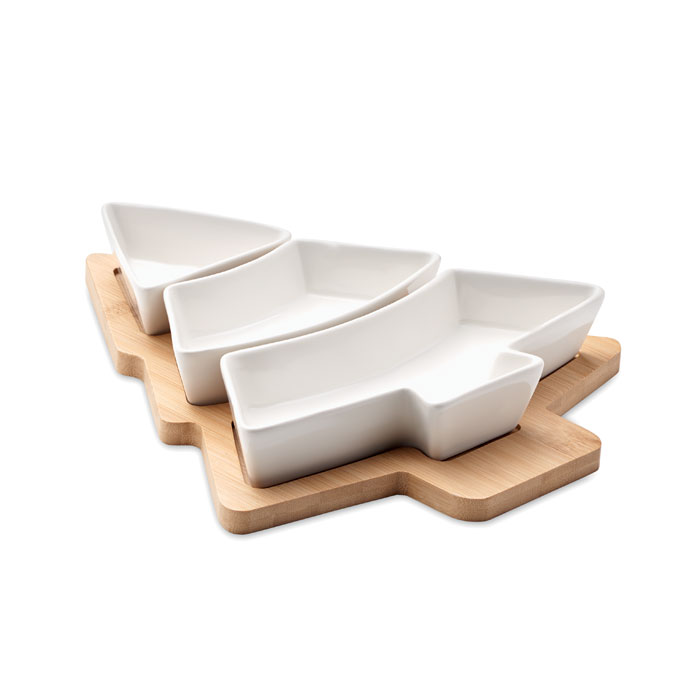 Viram Tree-Shaped Bamboo Serving Platter with Three Ceramic Dishes