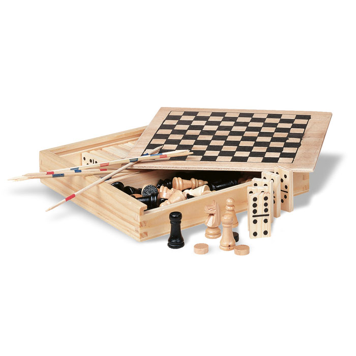 Trikes Wooden Box with Domino, Chess, Draughts, and Stick Games