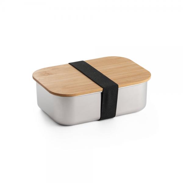 Metal box with bamboo lid and black band, viewed from above at an angle