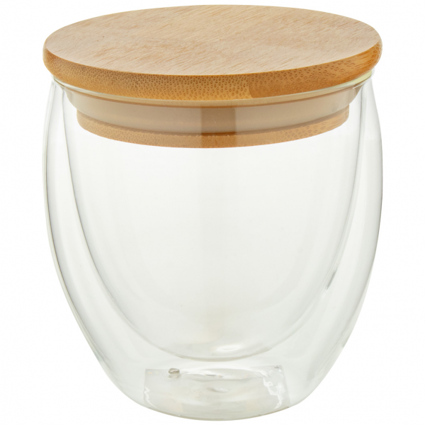 Clear double-walled cup with a bamboo lid, viewed slightly from above.