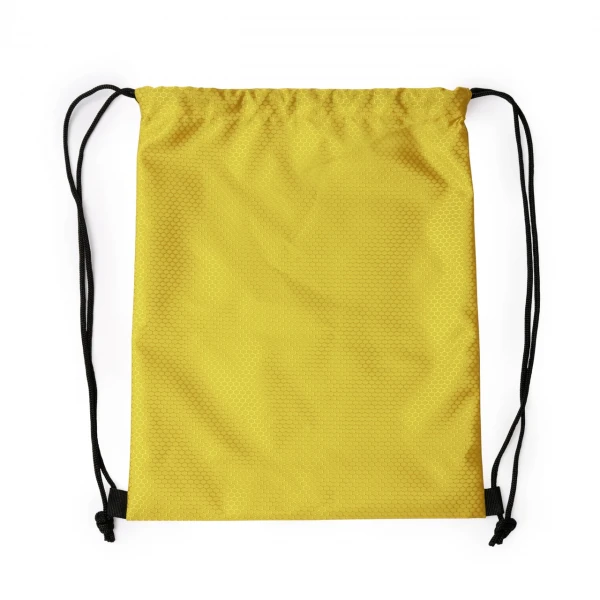 Yellow drawstring bag shown flat with black cords and a hexagonal fabric pattern