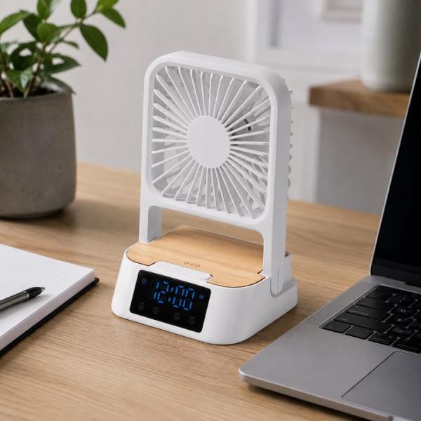 Desktop Fan with 15W Wireless Charger, Clock and Bamboo