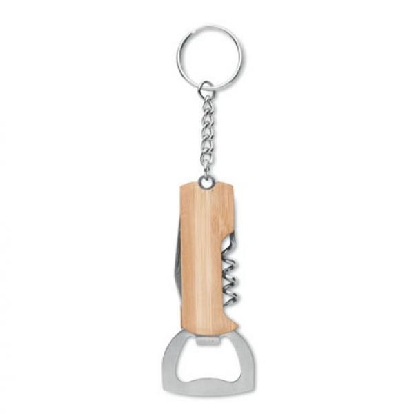 Wood and Metal Keyring with Corkscrew, Knife and Bottle Opener