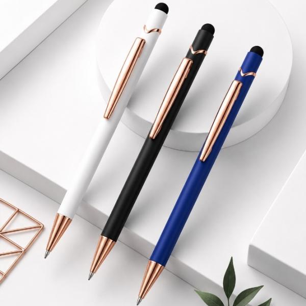 Metal Ballpoint Pen with Stylus and Rose Gold Trim