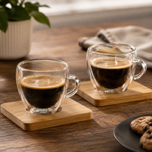 Double-Wall Glass Cup Set with Bamboo Coasters 100 ml