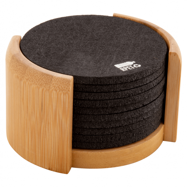 10 Round Felt Coasters in Bamboo Holder