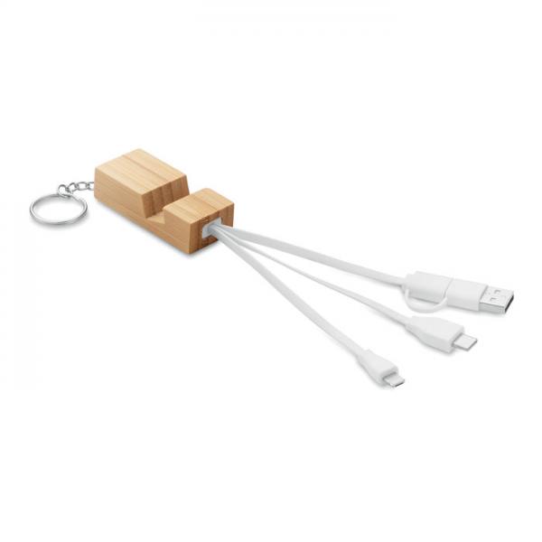 CLAUERC Bamboo Key Ring with Phone Stand and Integrated Charging Cable