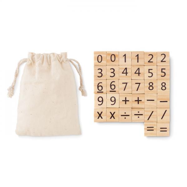 Wooden educational counting game with 32 pieces and cotton pouch - 9.5x9.5 cm
