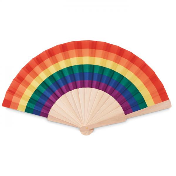Wooden hand fan with polyester rainbow pattern - 23.2 cm