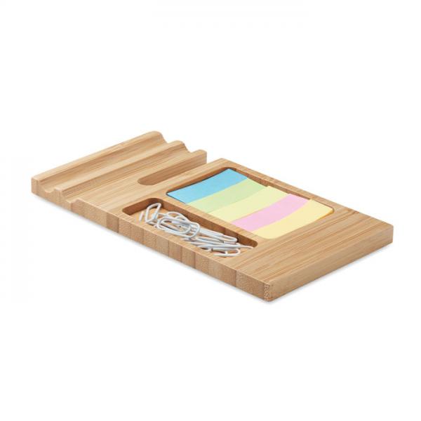 TREVIS bamboo desk phone stand with paper clips and sticky notes