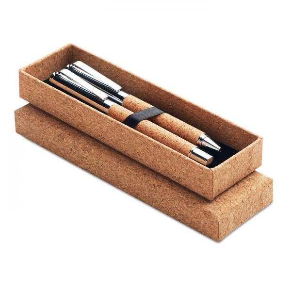 QUERCUS - Metal Pen Set with Cork Barrel: Ball Pen and Roller in Cork Box