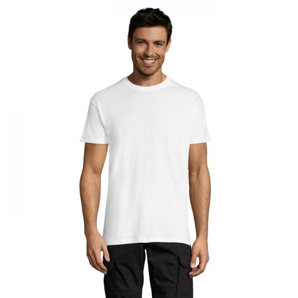 Front view of a model wearing a white TITAN short-sleeve round-neck T-shirt